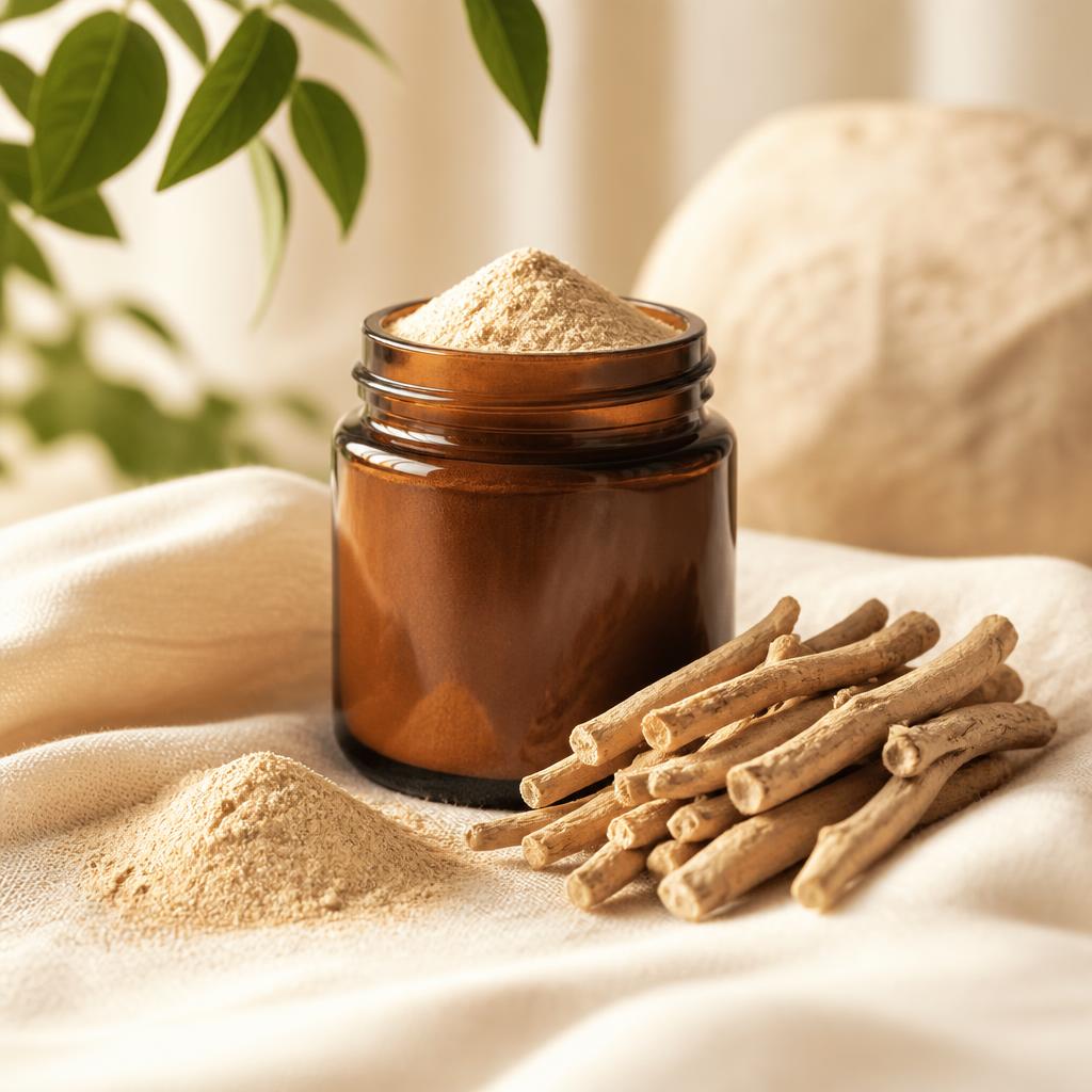 Amber jar of Bhoomiansh Ashwagandha root powder with fresh roots