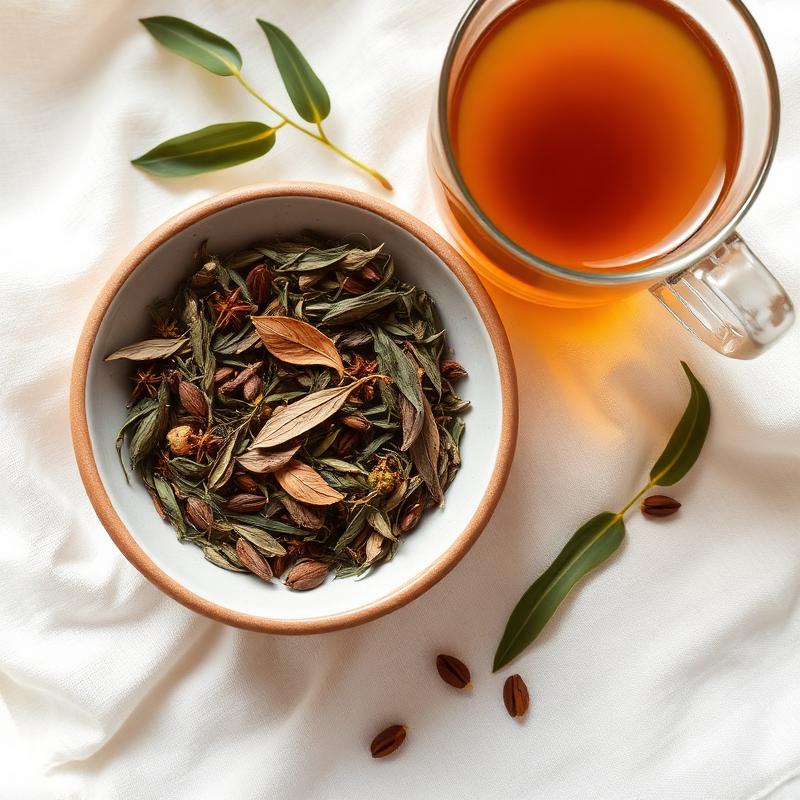 Bowl of Bhoomiansh herbal tea blend beside a freshly brewed cup