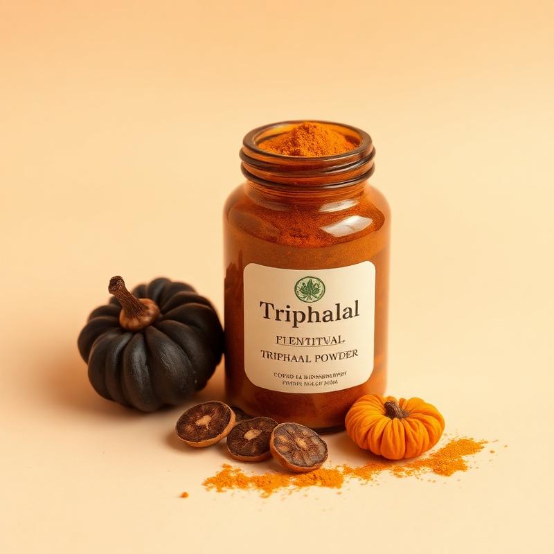 Jar of Bhoomiansh Triphala powder with the three dried fruits beside it